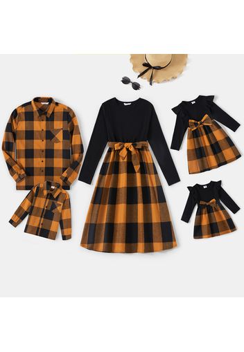 Family Matching Long-sleeve Solid Rib Knit Spliced Plaid Dresses and Button Up Shirts Sets