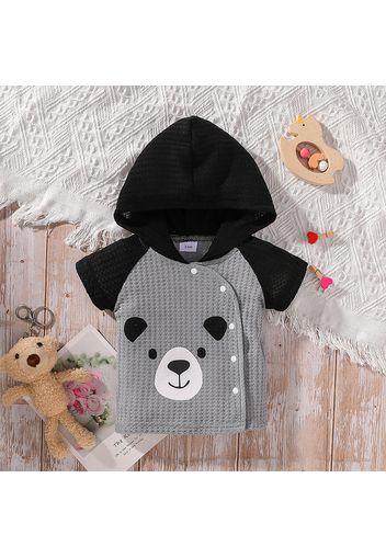 Baby Boy/Girl Cartoon Bear Print Colorblock Waffle Hooded Short-sleeve Snap Top