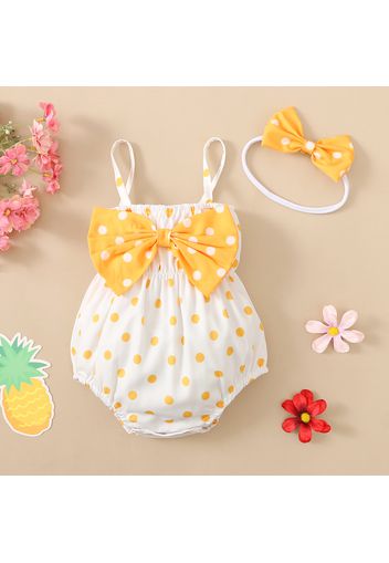 2pcs Baby Girl Allover Dots Bowknot Sleeveless Spaghetti Strap Romper with Headband Set