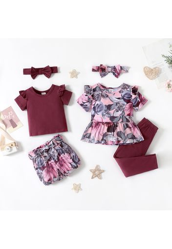 Sibling Matching Solid and Floral Print Short-sleeve Sets