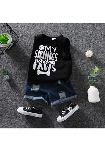 2pcs Toddler Casual Ripped Denim Shorts and Letter Print Sleeveless Tee set