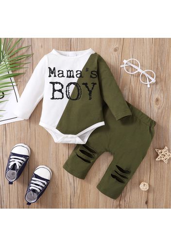 2pcs Baby Letter Print Color Block Long-sleeve Romper and Hollow-out Trousers Set