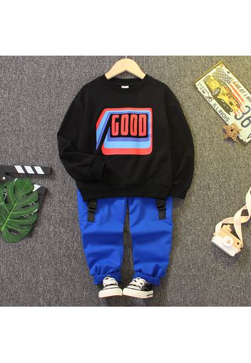 2pcs Kid Boy Letter Print Black Pullover Sweatshirt and Buckle Pocket Design Cargo Pants Set