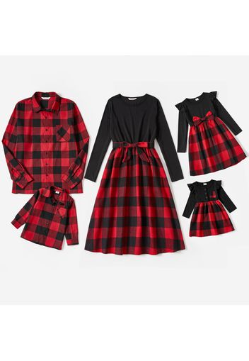 Christmas Red Plaid Splicing Black Long-sleeve Dresses and Shirts Sets