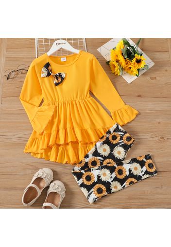 2-piece Kid Girl Bowknot Design Ruffled Long Bell sleeves High Low Top and Floral Print Leggings Set