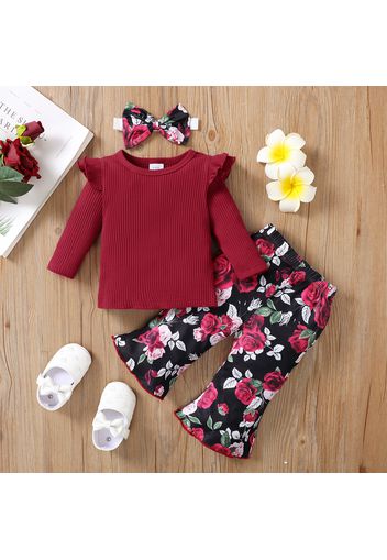 3pcs Baby Girl Solid Ribbed Ruffle Long-sleeve Top and Floral Print Flared Pants with Headband Set