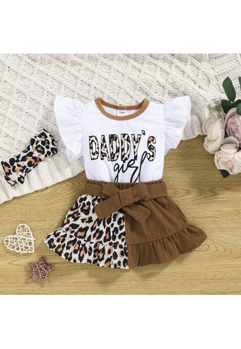 3pcs Baby Girl Letter Print Ruffle-sleeve Romper and Leopard Splicing Skirt with Headband Set