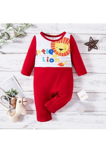 Baby Boy/Girl Cartoon Lion and Letter Print Splicing Long-sleeve Jumpsuit