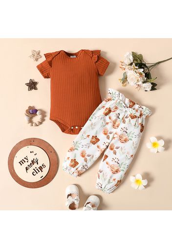 2pcs Baby Girl Solid Ribbed Short-sleeve Romper and Floral Print Bowknot Trousers Set