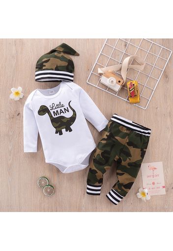 3pcs Baby Boy Dinosaur and Letter Print Long-sleeve Romper with Camouflage Trousers Set