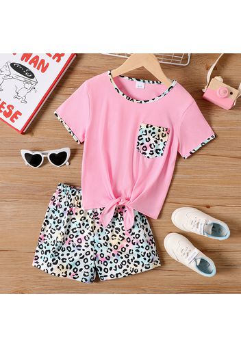 2pcs Kid Girl Leopard Print Tie Knot Short-sleeve Pink Tee and Elasticized Shorts Set