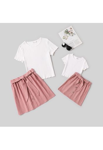 White Ribbed Short-sleeve T-shirt with Cotton Skirt Sets for Mom and Me