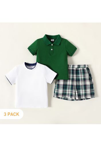 3pcs Toddler Boy Casual Polo Shirt & Tee and Plaid Shorts Set