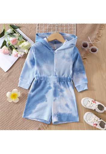 Toddler Girl Tie Dyed Zipper Hooded Long-sleeve Blue Waffle Rompers