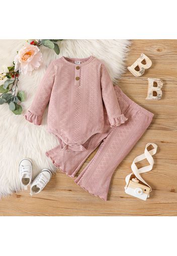 2pcs Baby Girl Solid Eyelet Embroidered Long-sleeve Romper and Flared Pants Set