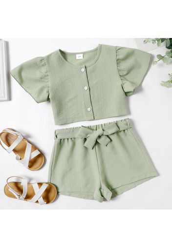 2-piece Kid Girl Basic Solid Color Button Design Short-sleeve Tee and Belted Shorts Set