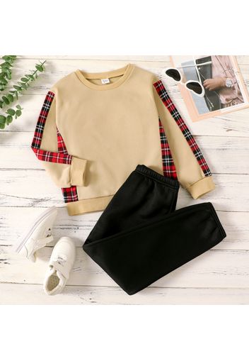 2-piece Kid Boy/Kid Girl Fleece Lined Plaid Colorblock Sweatshirt and Black Pants Set