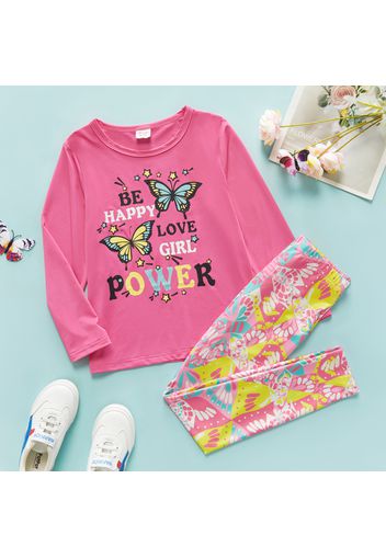 2-piece Kid Letter Butterfly Print Long-sleeve Tee and Floral Print Leggings Set