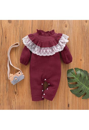 100% Cotton Crepe Baby Girl Lace Splicing Solid Ruffle Long-sleeve Jumpsuit