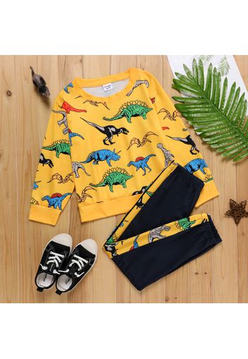 2-piece Kid Boy Animal Dinosaur Print Pullover Sweatshirt and Elasticized Pants Set