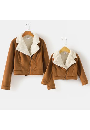 Brown Imitation Suede Thickened Fleece Lined Lapel Long-sleeve Jacket for Mom and Me