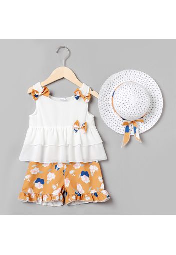 3-piece Toddler Girl Bowknot Design Layered White Sleeveless Blouse and Floral Print Ruffled Shorts and Straw Hat Set