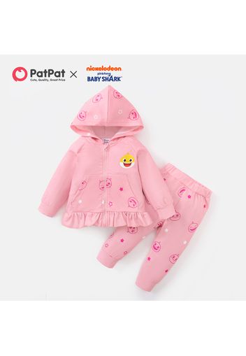 Baby Shark 2-piece Baby Girl Pink Hooded Zip-up Jacket and Allover Pants Set