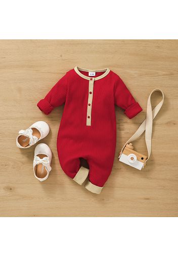 Ribbed Solid Splice Long-sleeve Baby Jumpsuit