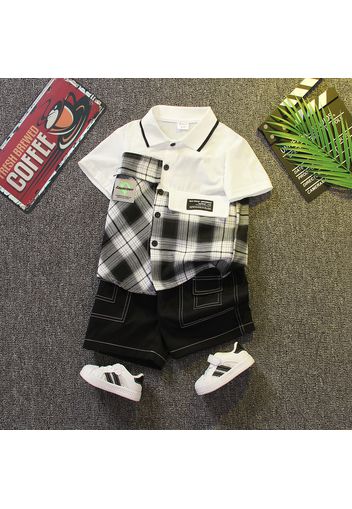 2pcs Toddler Boy Trendy Plaid Splice Lapel Collar Shirt and Shorts Set