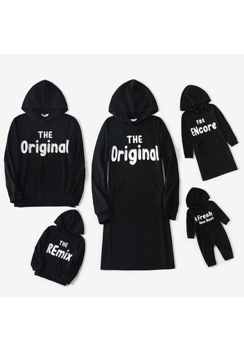 Family Matching Letter Print Black Long-sleeve Casual Dresses and Hoodies Sets