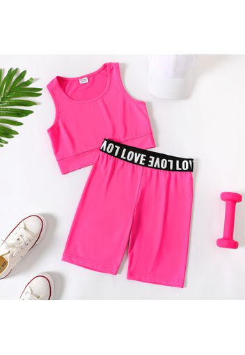 2pcs Kid Girl Solid Color Tank Top and Letter Print Shorts Sporty Set