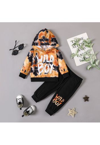 2pcs Baby Boy Letter Print Dyed Long-sleeve Hoodie and Joggers Pants Set