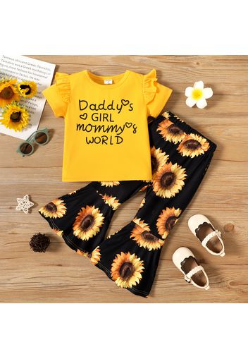 Father's Day 2-piece Toddler Girl Letter Print Ruffled Short-sleeve Tee and Floral Print Flared Pants Set