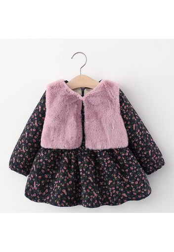 2pcs Baby Floral Print Fleece Lined Long-sleeve Dress and Faux Fur Vest Set