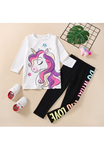 2-piece Kid Girl Unicorn Print Long-sleeve Tee and Letter Print Pants Set