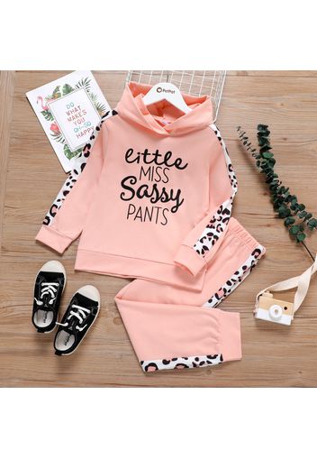 2-piece Kid Girl Letter Leopard Print Colorblock Hoodie Sweatshirt and Pants Set