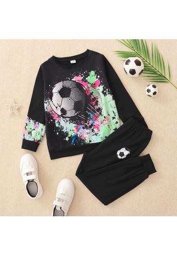 2-piece Kid Boy Football Painting  Print Black Sweatshirt and Elasticized Pants Set