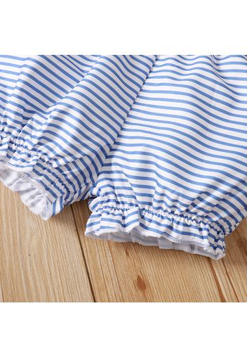 2pcs Baby Girl Blue Floral Print Spaghetti Strap Top and Striped Bloomers Shorts Set