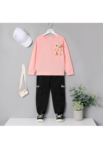 2-piece Kid Girl Solid Color Long-sleeve Tee and Letter Embroidered Cargo Pants Set ( Bear Doll is included)