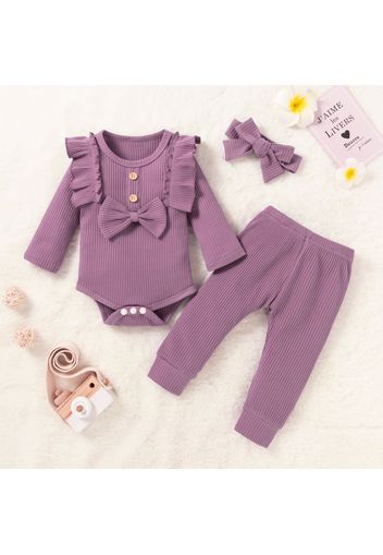 Baby 3pcs Cotton Solid Ribbed Long-sleeve Ruffle Bowknot Romper Set