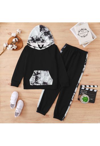 2-piece Kid Boy Pocket Design Tie Dyed Black Hoodie Sweatshirt and Pants Set