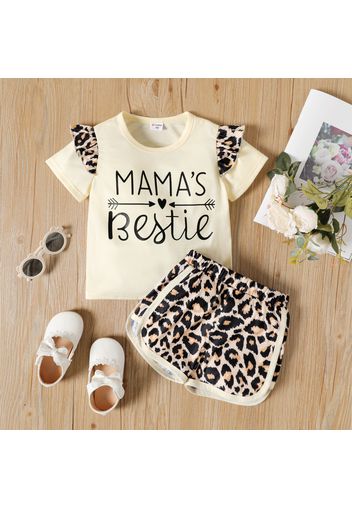 2-piece Toddler Girl Letter Print Ruffled Short-sleeve Tee and Leopard Print Shorts Set