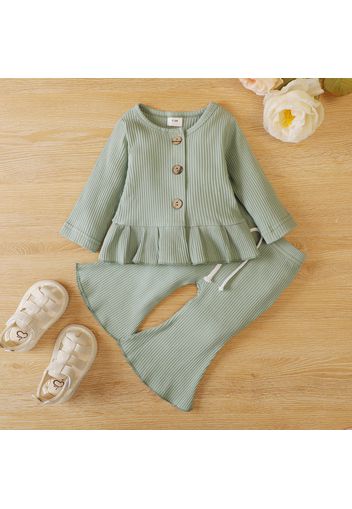 2pcs Baby Solid Ruffle Long-sleeve Button Down Ribbed Cotton Top and Bell Bottom Pants Set