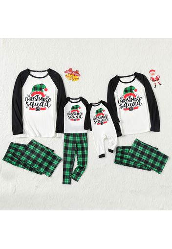 Christmas Hat and Letter Print Family Matching Long-sleeve Green Plaid Pajamas Sets