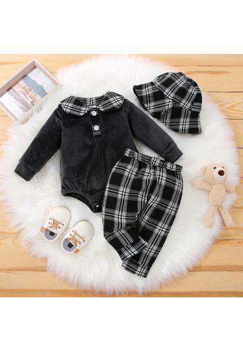 3pcs Baby Boy/Girl Velvet Long-sleeve Romper with Plaid Trousers and Bucket Hat Set