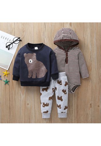 3pcs Bear and Stripe Long-sleeve Baby Set