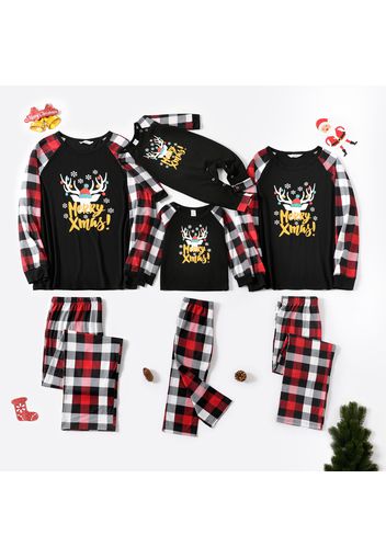 Christmas Reindeer and Letter Print Black Family Matching Raglan Long-sleeve Plaid Pajamas Sets (Flame Resistant)