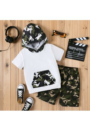 2pcs Kid Boy Camouflage Print Pocket Design Hooded Short-sleeve Tee and Shorts Set