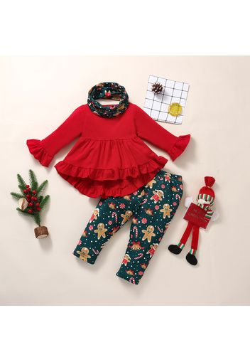 Christmas 3pcs Baby Red Long-sleeve Ruffle Top and All Over Gingerbread Man Print Trousers Set