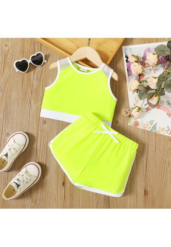 2pcs Toddler Girl Striped Mesh Splice Tank Top and Elasticized Bowknot Design Shorts Sporty Set